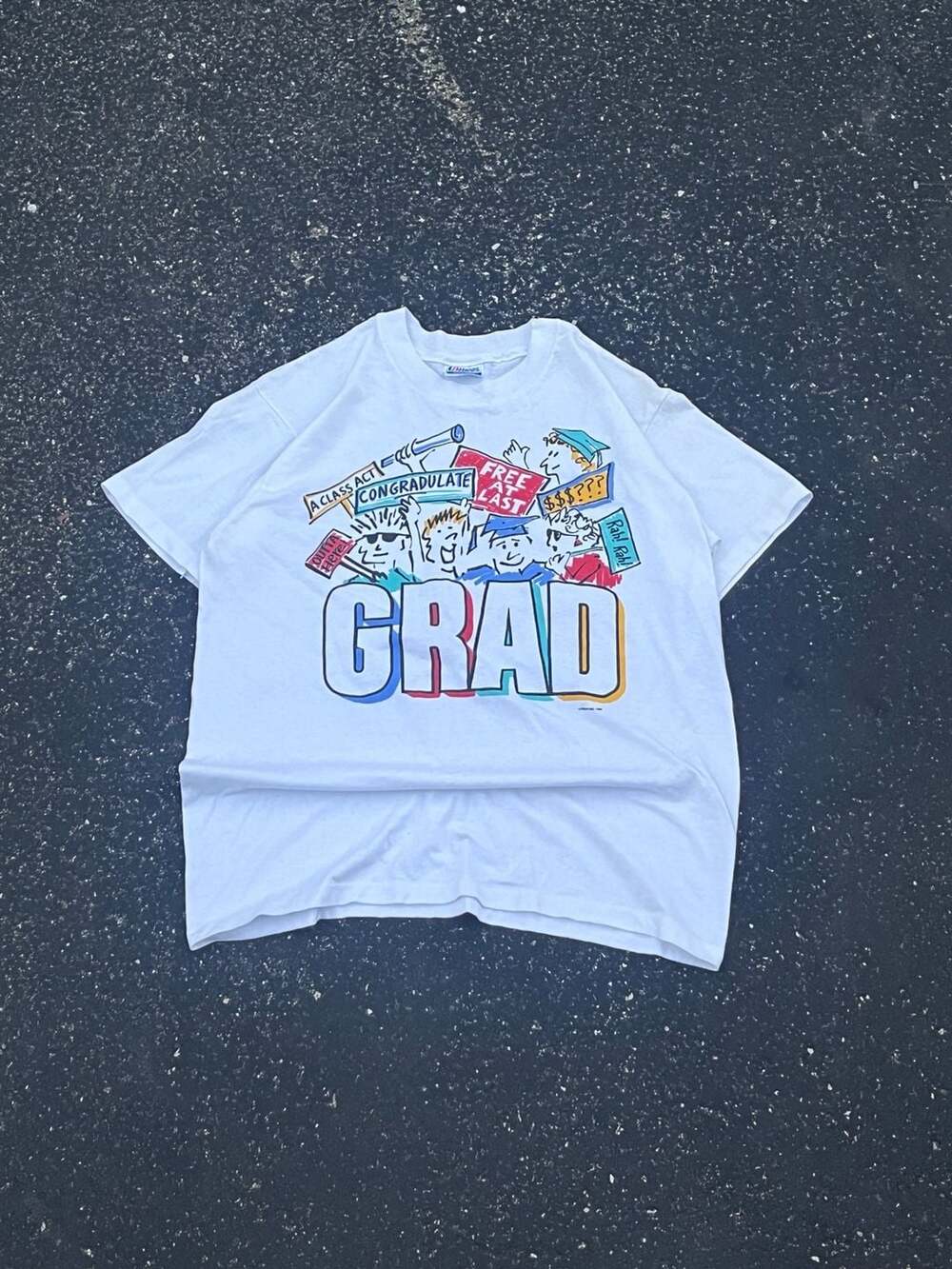 Hanes Vintage 1990 Grad T-Shirt Size L 42-44 White Graduation